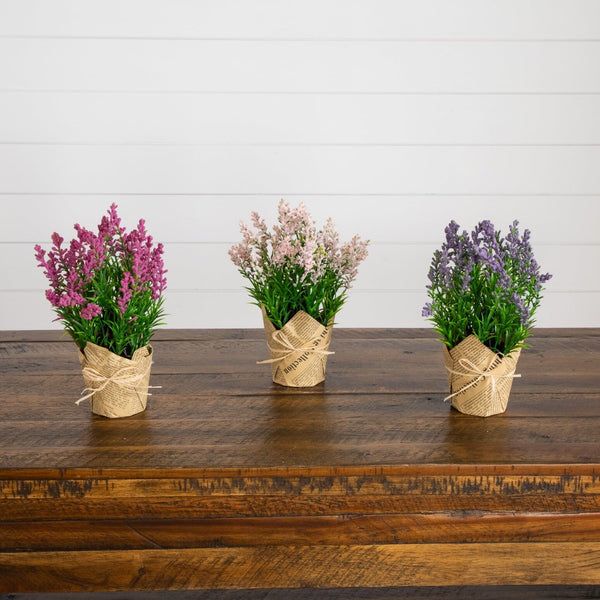 9” Artificial Mixed Lavender Arrangement in Newspaper Wrapped Pot -Set of 3