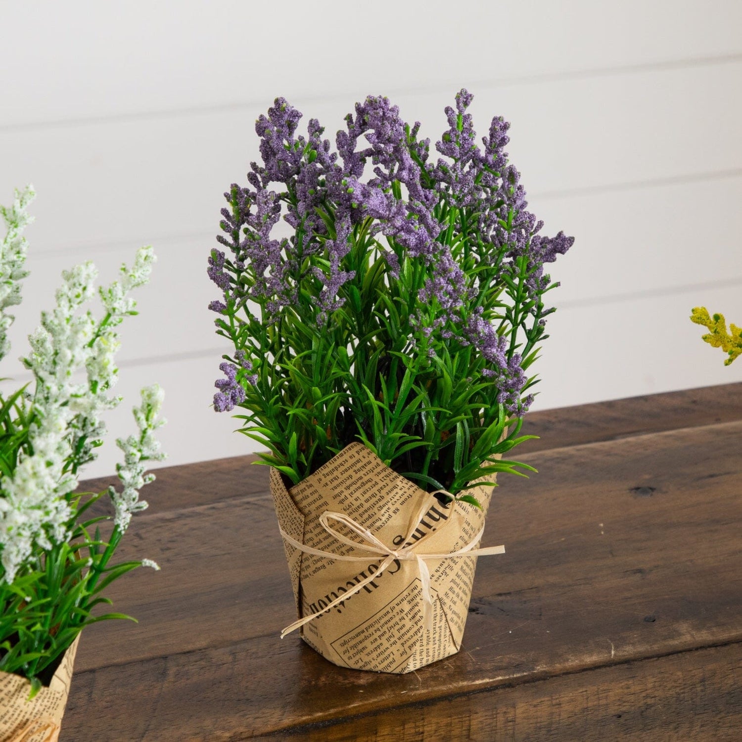 9” Artificial Mixed Lavender Arrangement in Newspaper Wrapped Pot -Set of 3