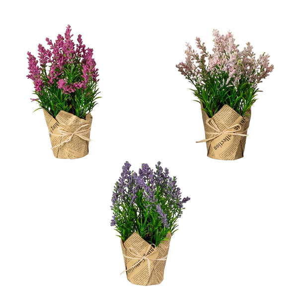 9” Artificial Mixed Lavender Arrangement in Newspaper Wrapped Pot -Set of 3