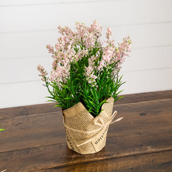 9” Artificial Mixed Lavender Arrangement in Newspaper Wrapped Pot -Set of 3