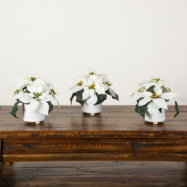 9” Artificial White Poinsettia Arrangements in White Ceramic Pots - Set of 3