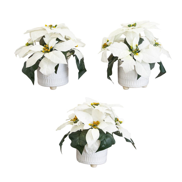 9” Artificial White Poinsettia Arrangements in White Ceramic Pots - Set of 3