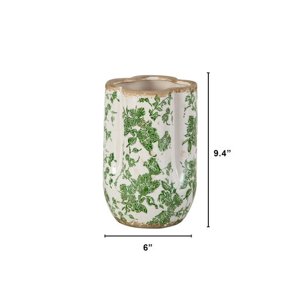 9” Floral Tuscan Ceramic Green Scroll Vase