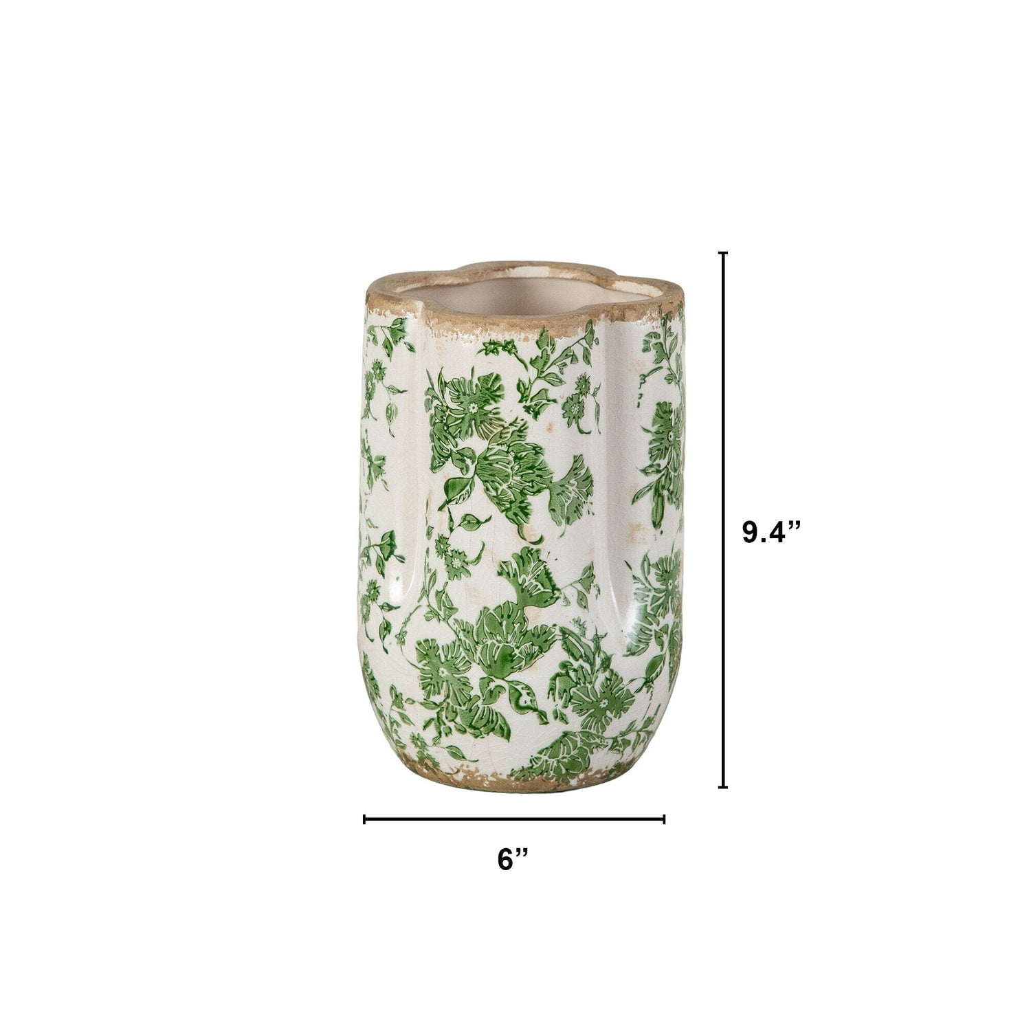 9” Floral Tuscan Ceramic Green Scroll Vase