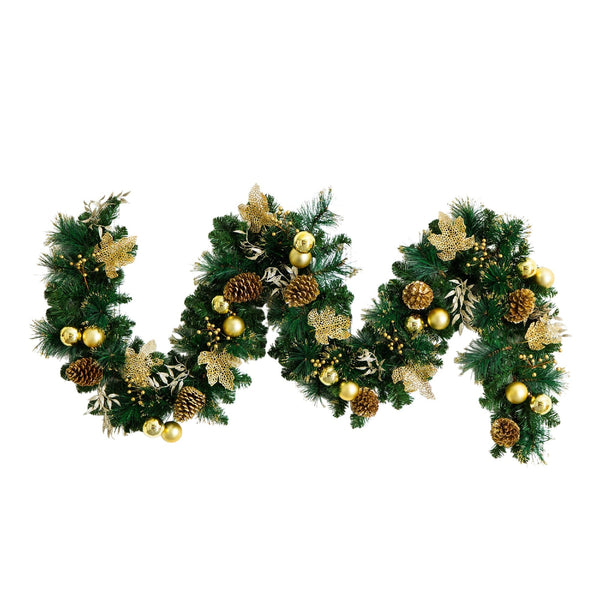 9' Pre-Lit Artificial Golden Frosted Christmas Garland with 50 Warm White LED Lights Pinecones, Berries and Ornaments