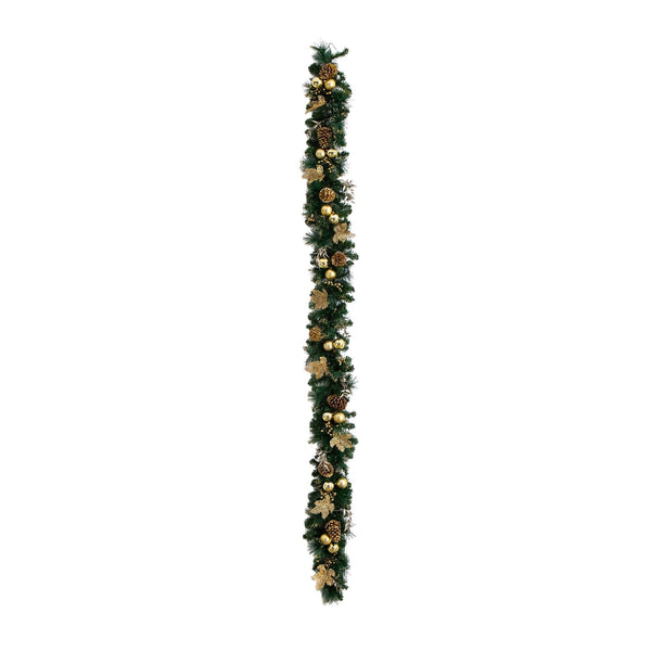 9' Pre-Lit Artificial Golden Frosted Christmas Garland with 50 Warm White LED Lights Pinecones, Berries and Ornaments