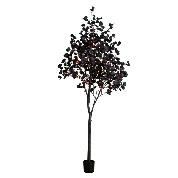 9' Pre-Lit Artificial Halloween Black Eucalyptus Tree with 700 Orange & Purple LED Lights