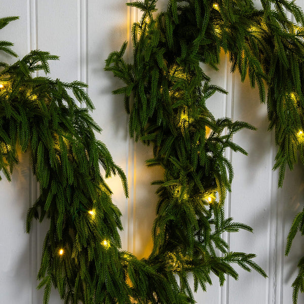 9' Pre-Lit Artificial Real Touch Norfolk Island Pine Garland with 50 Warm White LED Lights and Natural Look