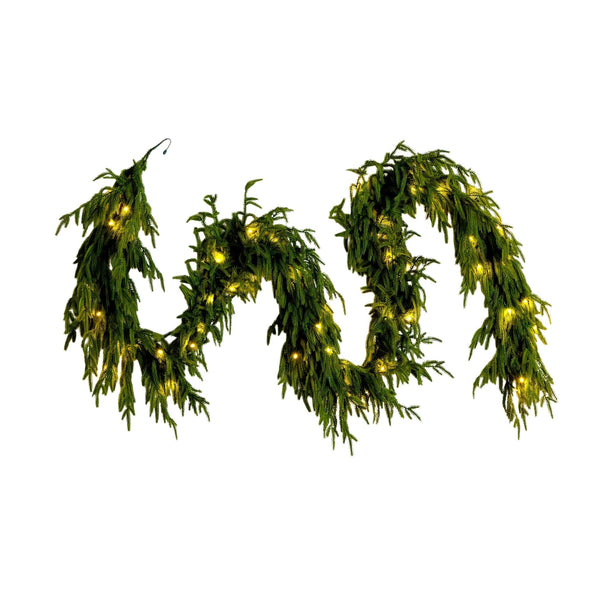 9' Pre-Lit Artificial Real Touch Norfolk Island Pine Garland with 50 Warm White LED Lights and Natural Look