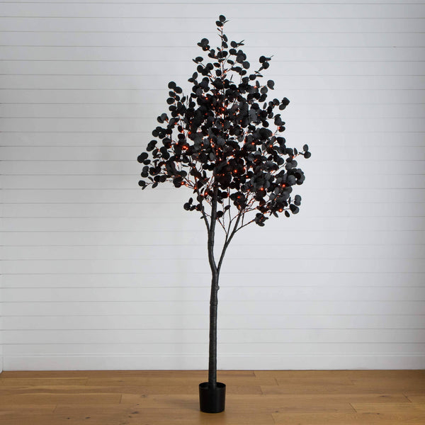 9' Pre-Lit Artificial Halloween Black Eucalyptus Tree with 700 Orange & Purple LED Lights