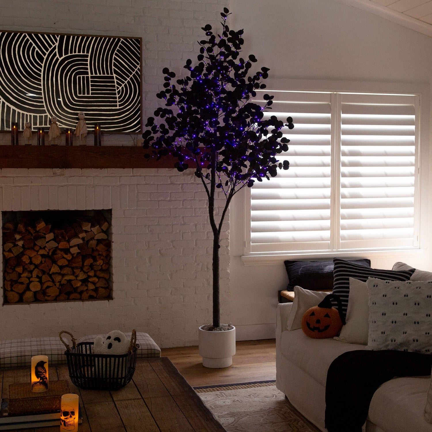 9' Pre-Lit Artificial Halloween Black Eucalyptus Tree with 700 Orange & Purple LED Lights