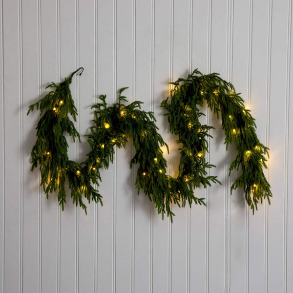 9' Pre-Lit Artificial Real Touch Norfolk Island Pine Garland with 50 Warm White LED Lights and Natural Look