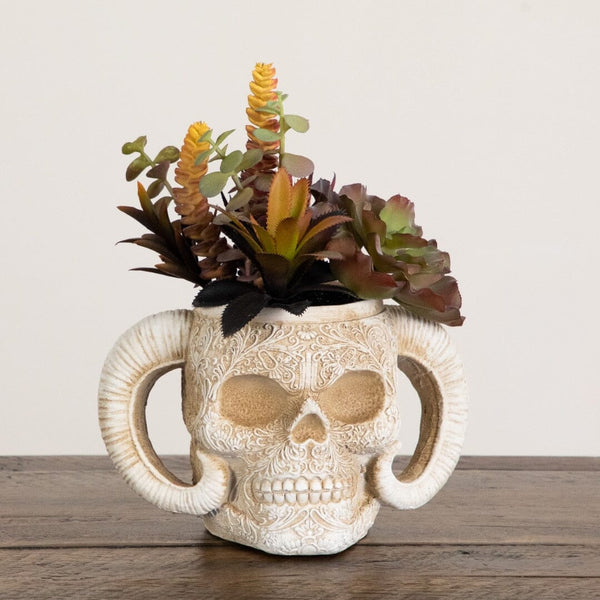 9.5” Artificial Halloween Succulent Garden in Horned Skull Planter