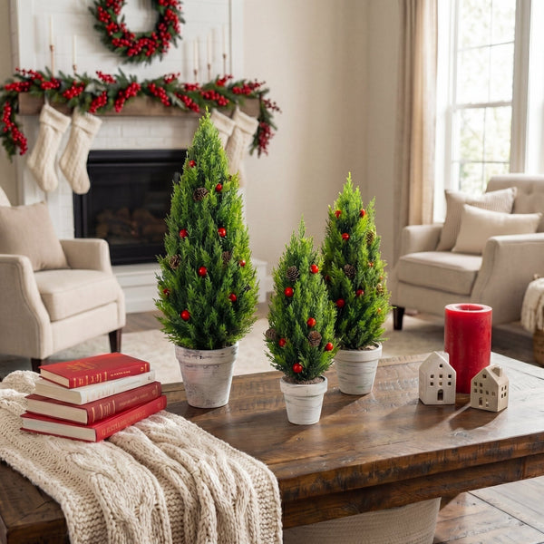 Artificial Holiday Cypress Trees in White Rustic Planters with Red Berries & Pinecones - Set of 3