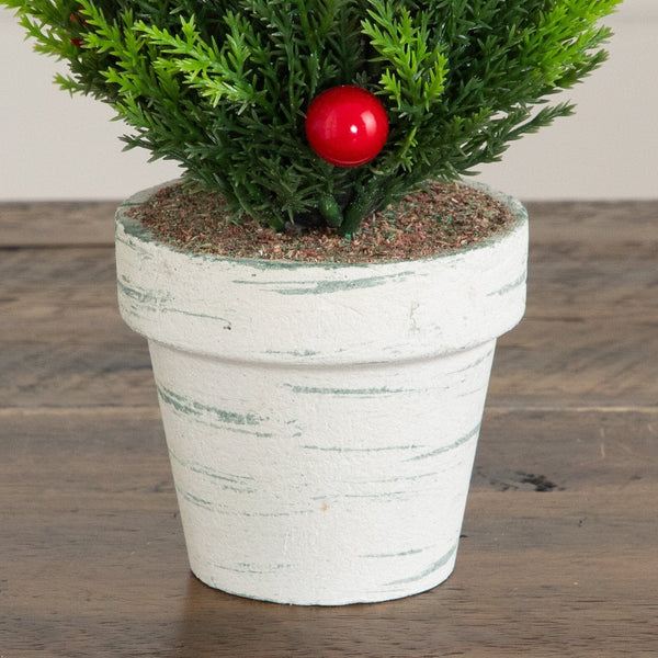 Artificial Holiday Cypress Trees in White Rustic Planters with Red Berries & Pinecones - Set of 3
