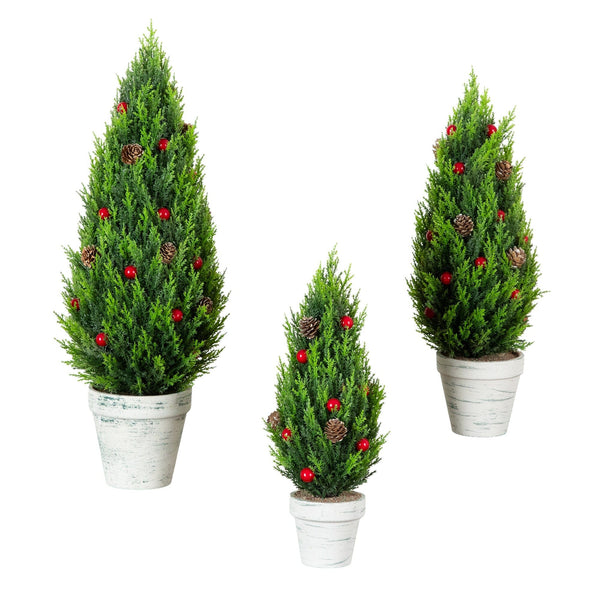 Artificial Holiday Cypress Trees in White Rustic Planters with Red Berries & Pinecones - Set of 3
