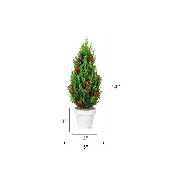 Artificial Holiday Cypress Trees in White Rustic Planters with Red Berries & Pinecones - Set of 3