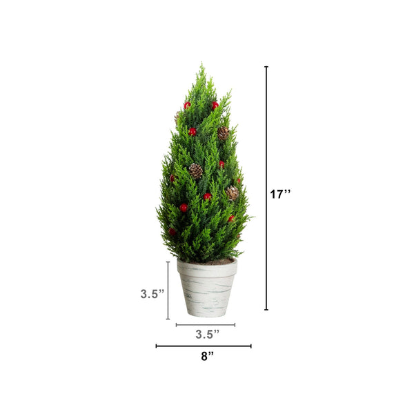 Artificial Holiday Cypress Trees in White Rustic Planters with Red Berries & Pinecones - Set of 3