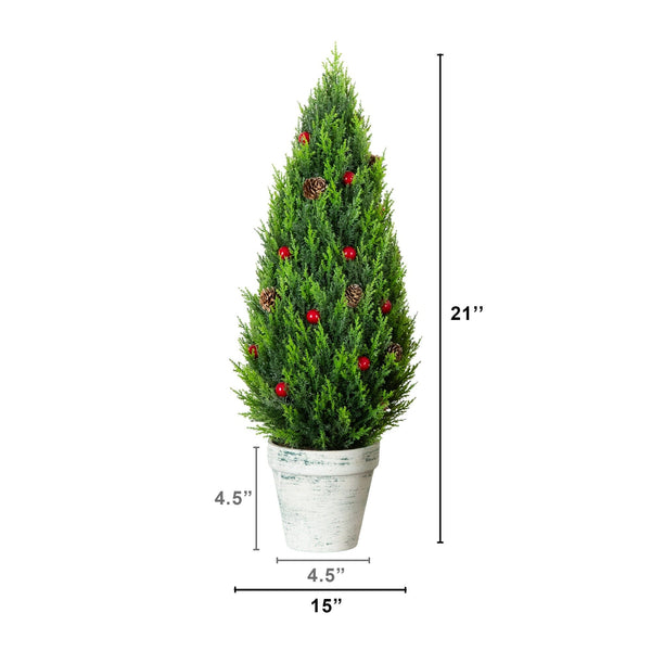 Artificial Holiday Cypress Trees in White Rustic Planters with Red Berries & Pinecones - Set of 3