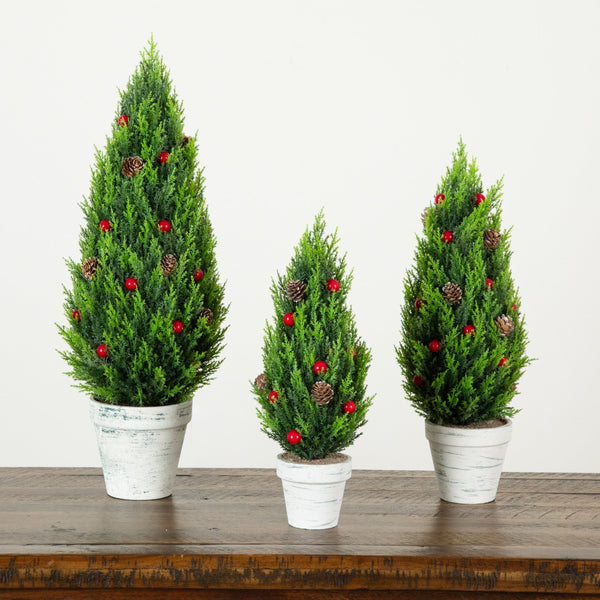 Artificial Holiday Cypress Trees in White Rustic Planters with Red Berries & Pinecones - Set of 3