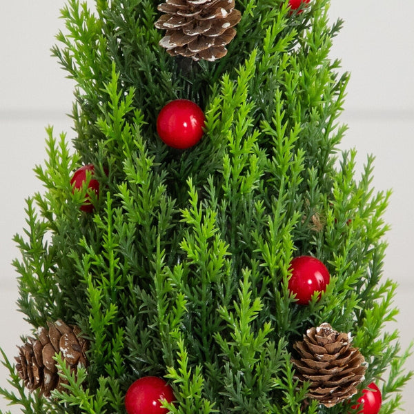 Artificial Holiday Cypress Trees in White Rustic Planters with Red Berries & Pinecones - Set of 3