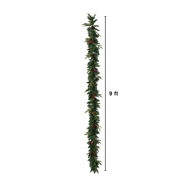 Pre-Lit Artificial Christmas Holiday 5 Piece Bundle with Pinecones & Berries- Set of 2 5' Christmas Trees, 24-in Wreath and set of 2 9-ft Garlands