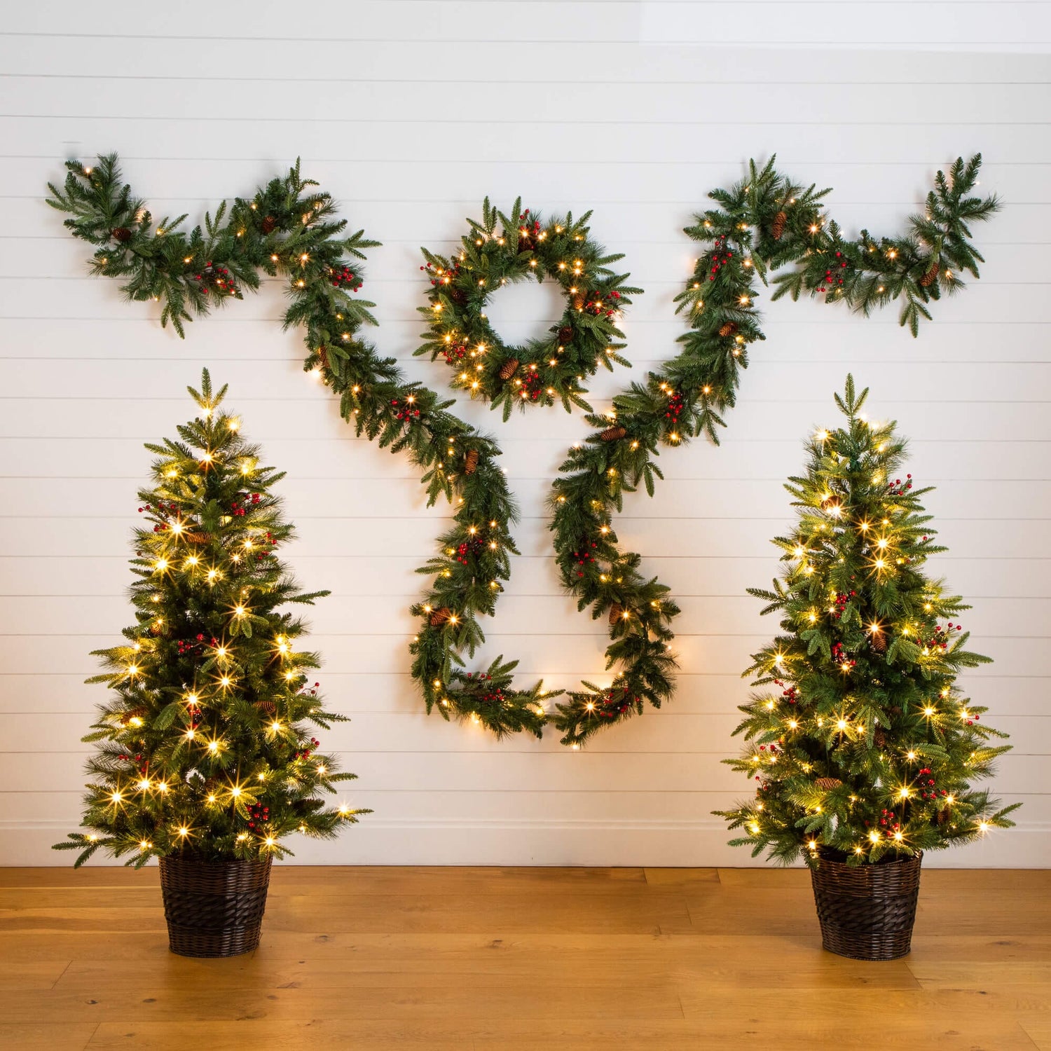 Pre-Lit Artificial Christmas Holiday 5 Piece Bundle with Pinecones & Berries- Set of 2 5' Christmas Trees, 24-in Wreath and set of 2 9-ft Garlands