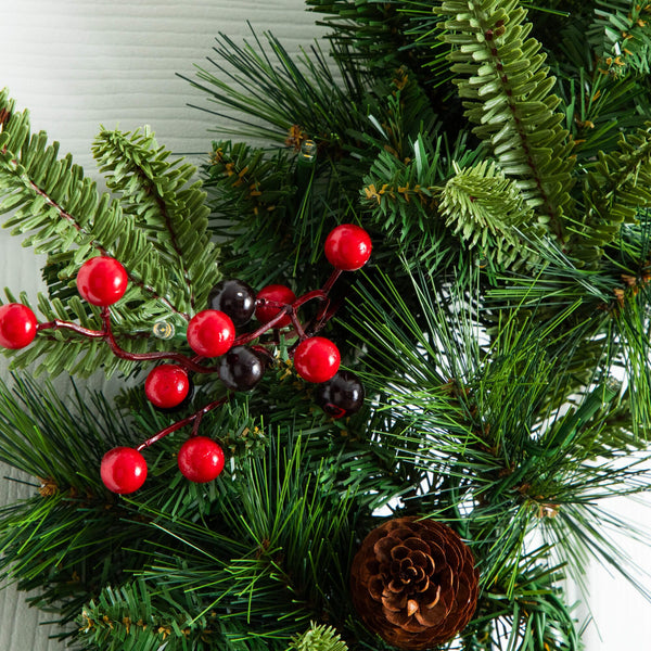 Pre-Lit Artificial Christmas Holiday 5 Piece Bundle with Pinecones & Berries- Set of 2 5' Christmas Trees, 24-in Wreath and set of 2 9-ft Garlands