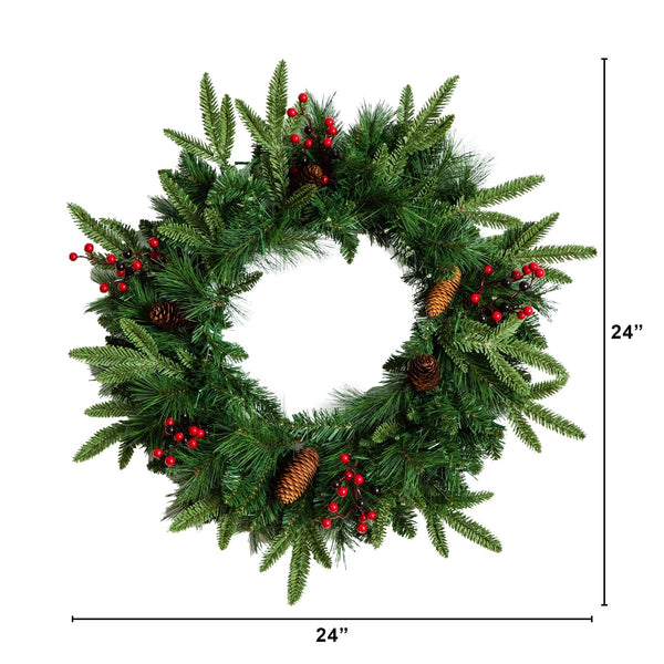 Pre-Lit Artificial Christmas Holiday 5 Piece Bundle with Pinecones & Berries- Set of 2 5' Christmas Trees, 24-in Wreath and set of 2 9-ft Garlands