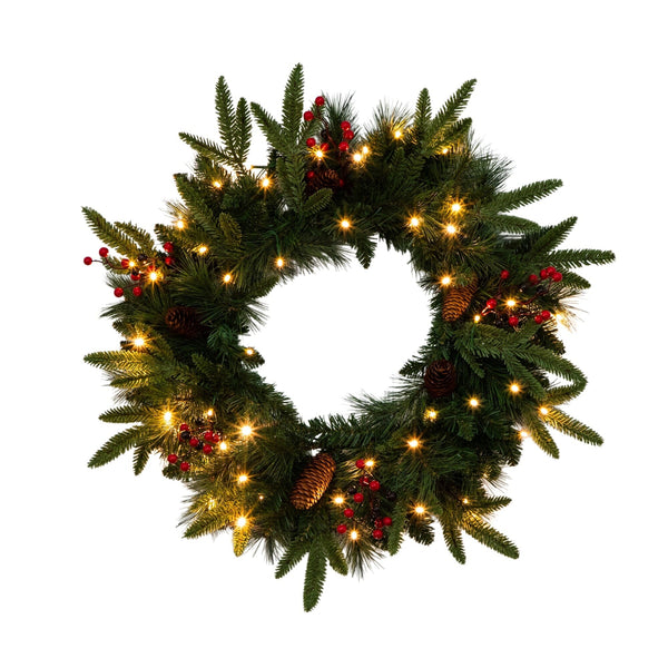 Pre-Lit Artificial Christmas Holiday 5 Piece Bundle with Pinecones & Berries- Set of 2 5' Christmas Trees, 24-in Wreath and set of 2 9-ft Garlands