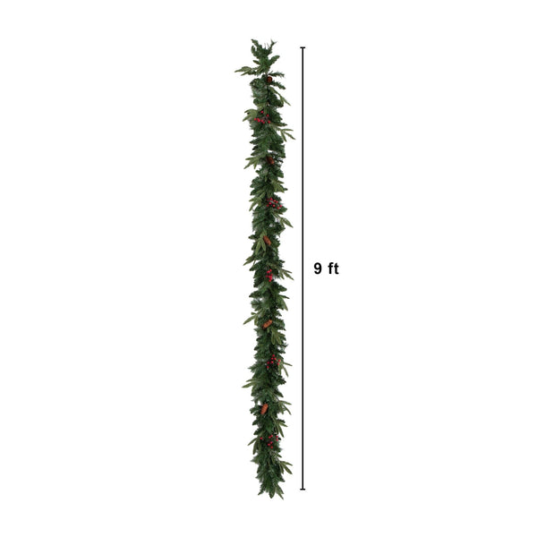 Pre-Lit Artificial Christmas Holiday 5 Piece Bundle with Pinecones & Berries- Set of 2 5' Christmas Trees, 24-in Wreath and set of 2 9-ft Garlands