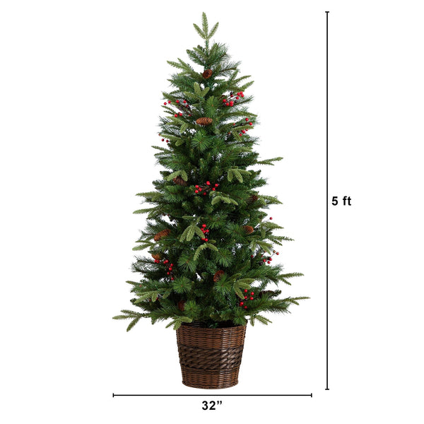 Pre-Lit Artificial Christmas Holiday 5 Piece Bundle with Pinecones & Berries- Set of 2 5' Christmas Trees, 24-in Wreath and set of 2 9-ft Garlands