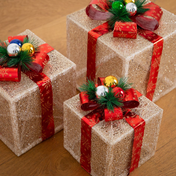 Pre-Lit Christmas Gift Boxes with LED Lights and Festive Gift Toppers - Set of 3