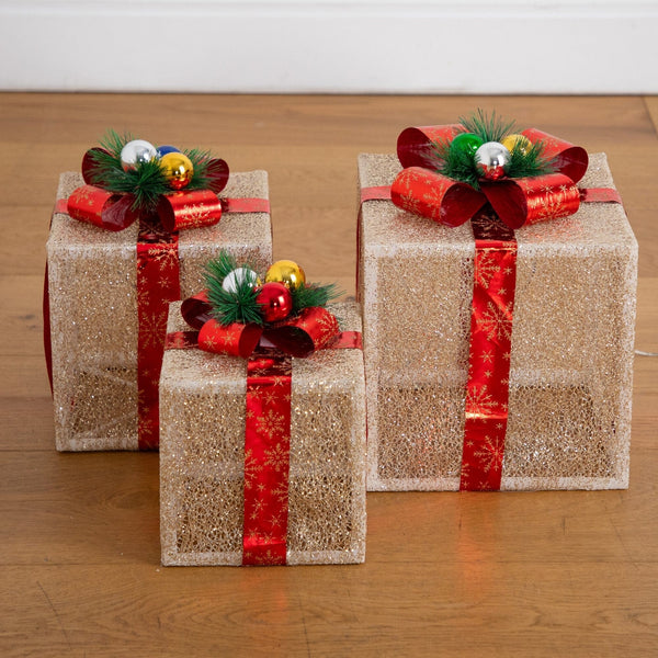 Pre-Lit Christmas Gift Boxes with LED Lights and Festive Gift Toppers - Set of 3