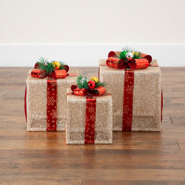 Pre-Lit Christmas Gift Boxes with LED Lights and Festive Gift Toppers - Set of 3