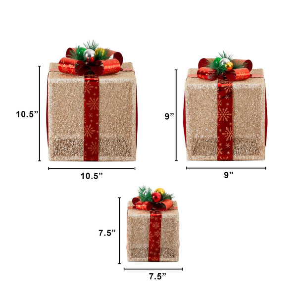 Pre-Lit Christmas Gift Boxes with LED Lights and Festive Gift Toppers - Set of 3