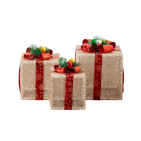Pre-Lit Christmas Gift Boxes with LED Lights and Festive Gift Toppers - Set of 3