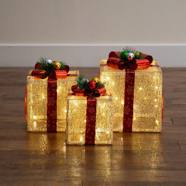 Pre-Lit Christmas Gift Boxes with LED Lights and Festive Gift Toppers - Set of 3
