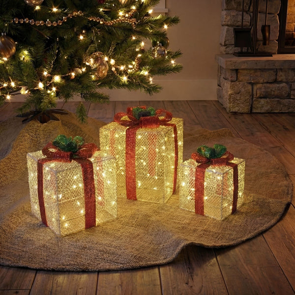 Pre-Lit Christmas Gift Boxes with LED Lights and Festive Gift Toppers - Set of 3