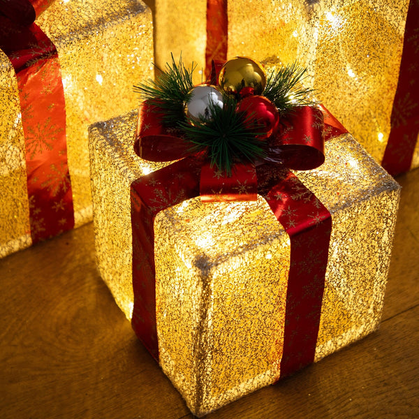Pre-Lit Christmas Gift Boxes with LED Lights and Festive Gift Toppers - Set of 3