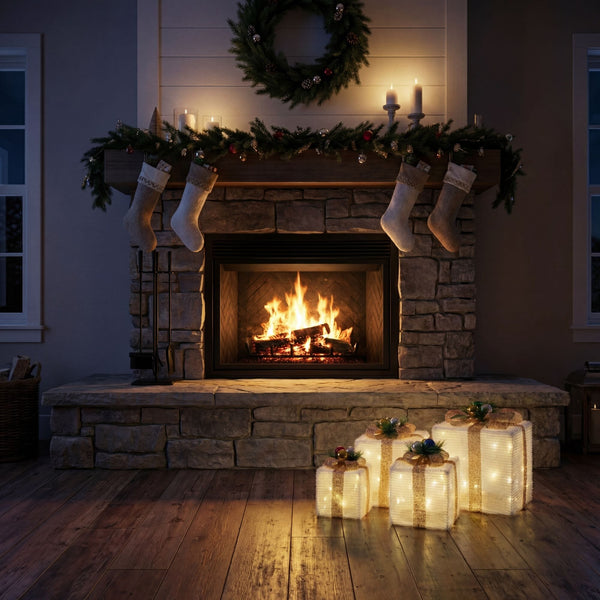 Pre-Lit Christmas Gift Boxes with LED Lights and Festive Gift Toppers - Set of 4