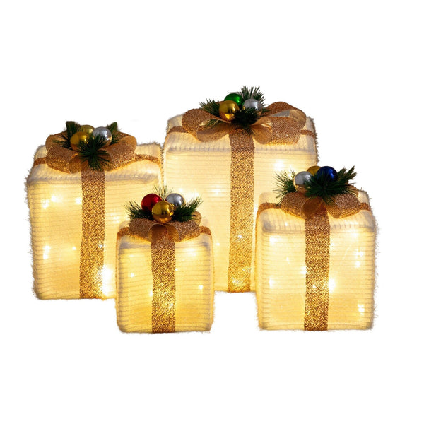 Pre-Lit Christmas Gift Boxes with LED Lights and Festive Gift Toppers - Set of 4