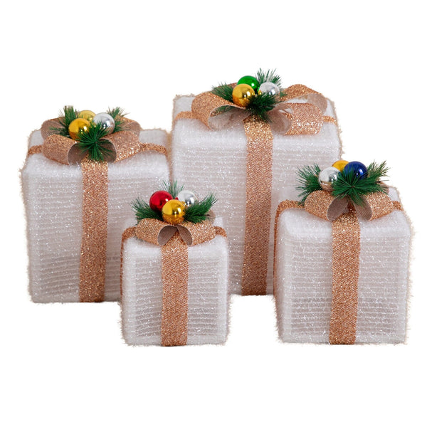 Pre-Lit Christmas Gift Boxes with LED Lights and Festive Gift Toppers - Set of 4