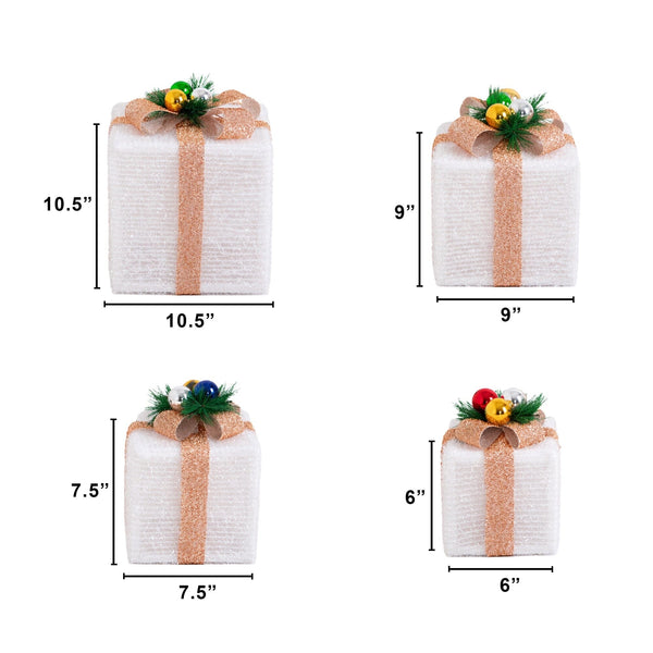 Pre-Lit Christmas Gift Boxes with LED Lights and Festive Gift Toppers - Set of 4