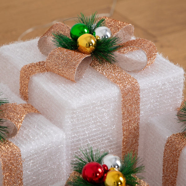 Pre-Lit Christmas Gift Boxes with LED Lights and Festive Gift Toppers - Set of 4