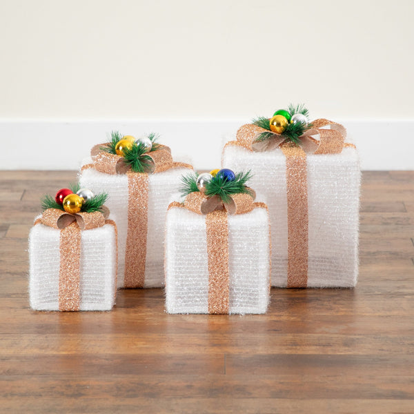 Pre-Lit Christmas Gift Boxes with LED Lights and Festive Gift Toppers - Set of 4