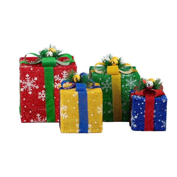 Pre-Lit Christmas Multicolor Gift Boxes with LED Lights and Festive Gift Toppers - Set of 4