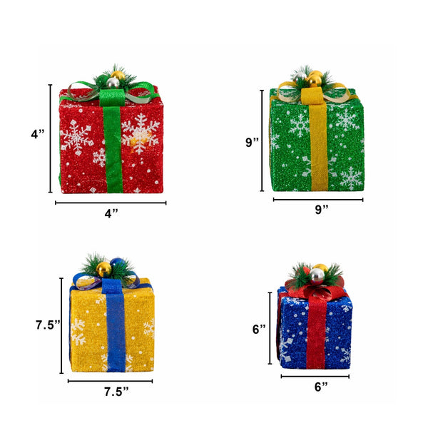 Pre-Lit Christmas Multicolor Gift Boxes with LED Lights and Festive Gift Toppers - Set of 4
