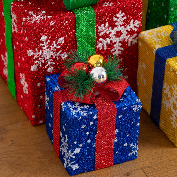 Pre-Lit Christmas Multicolor Gift Boxes with LED Lights and Festive Gift Toppers - Set of 4