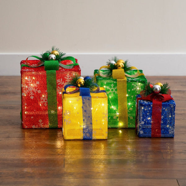 Pre-Lit Christmas Multicolor Gift Boxes with LED Lights and Festive Gift Toppers - Set of 4